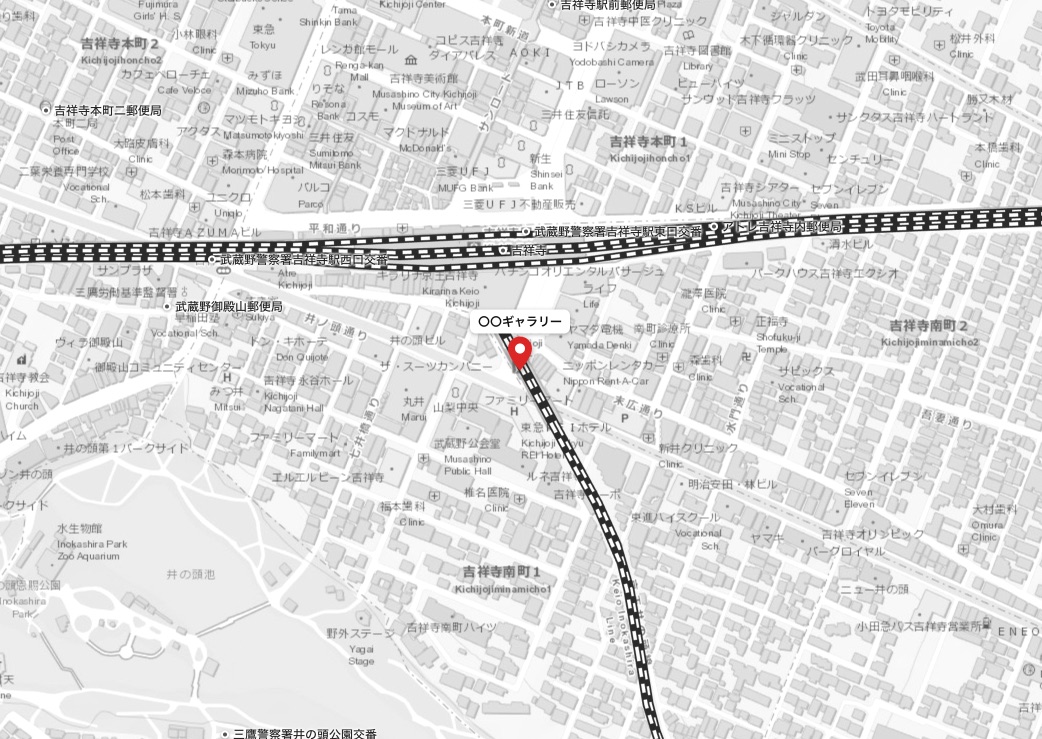 吉祥寺駅南側に「〇〇ギャラリー」のピンを立てた、モノクロの案内地図