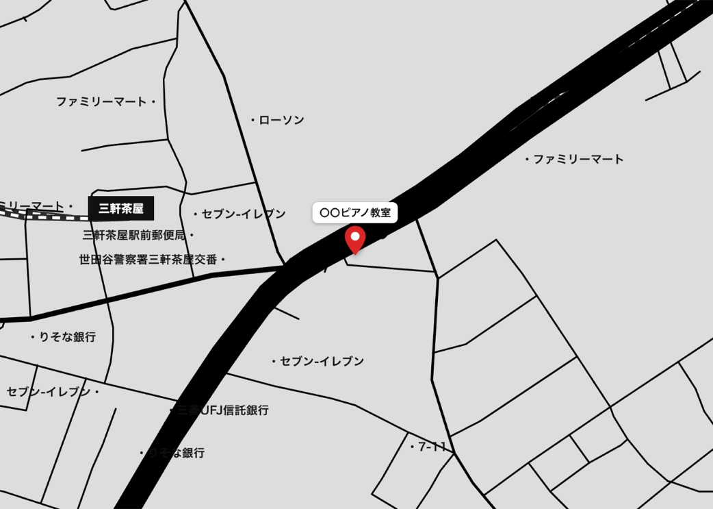 三軒茶屋駅周辺の白黒の地図。コンビニや銀行の名前が多数表示されている