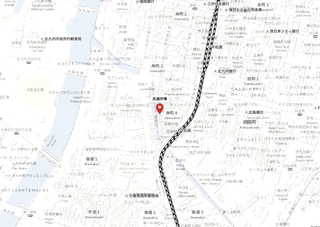 北九州市の旦過市場にピンを立てた、淡い色合いの案内地図